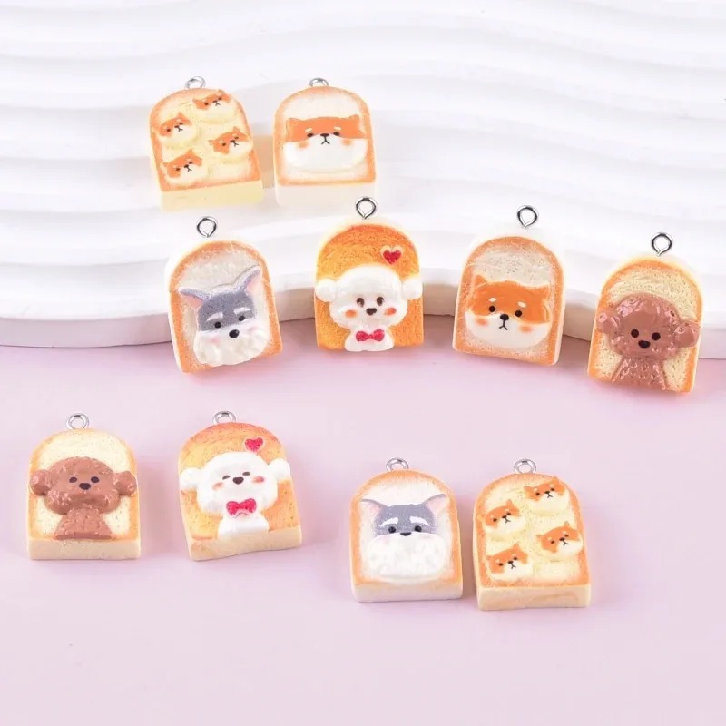 Pet Supplies Discount - 10 Stück niedliche Toast-Hund-Harzanhänger, Cartoon-Tier-Charms, DIY-Bastelbedarf