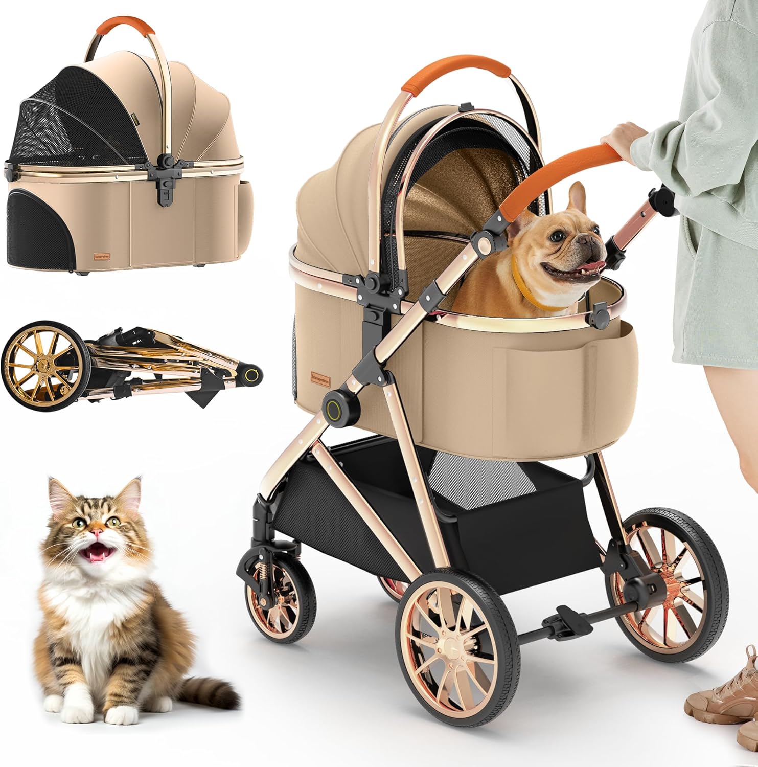 Pet Stroller Carrier - Luxuriöser 3-in-1 Haustier-Kinderwagen mit galvanisiertem Goldspiegel-Finish,